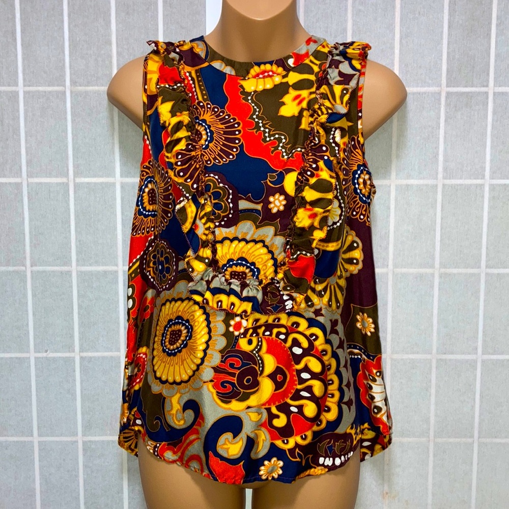 Vintage 60s 70s Retro Multi Paisley Print Satin Sleeveless Blouse misses 0/XS